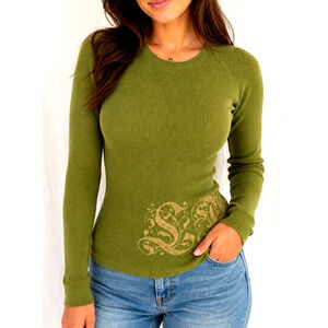 L.A.M.B. Fall 2005 Thermal Long Sleeve Shirt Green Waffle Knit T Shirt Logo S